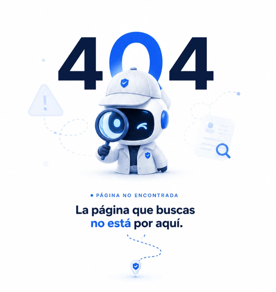 Un pequeño robot con lupa buscando una página que no está